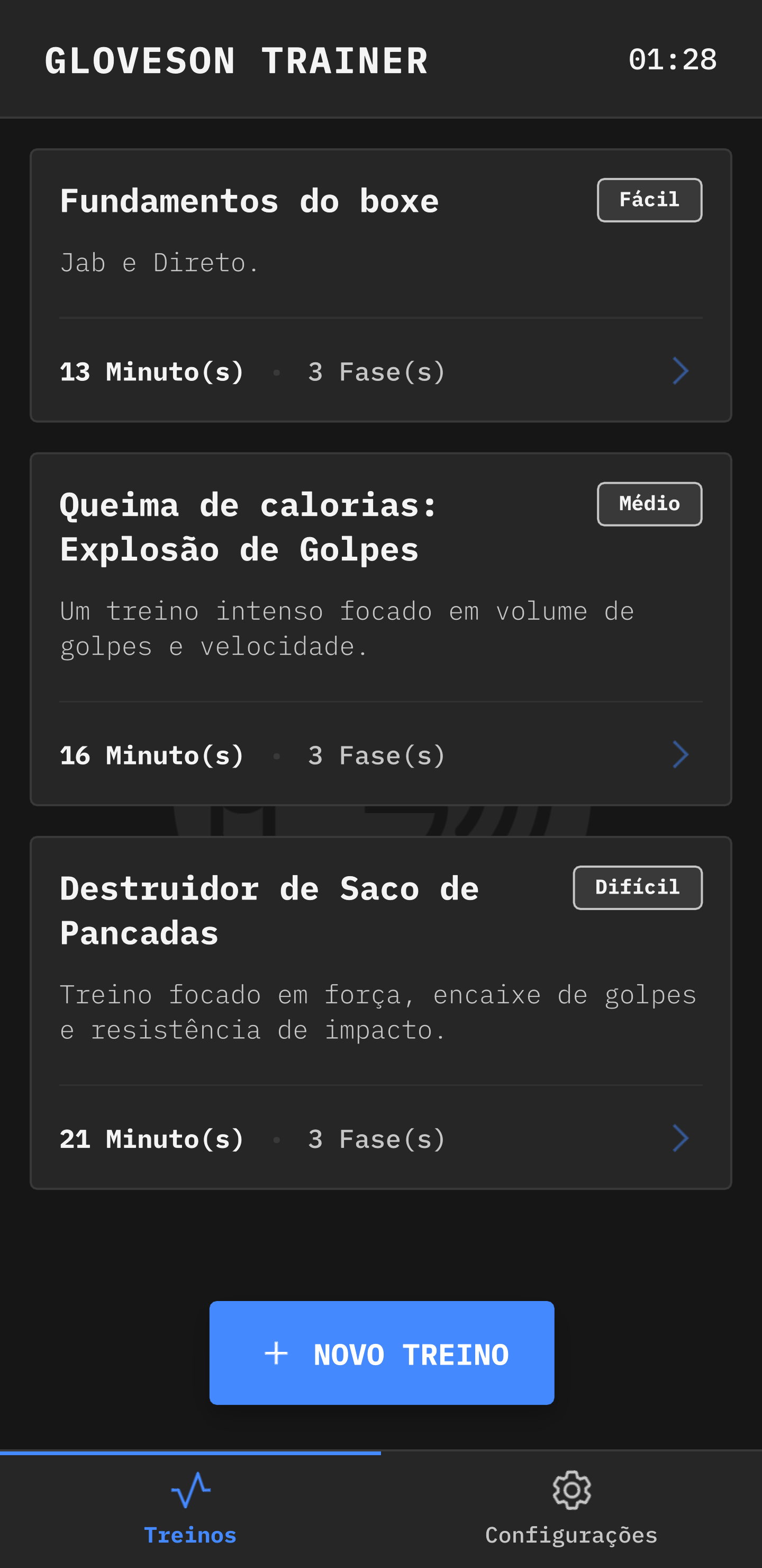 GlovesOn Trainer: tela inicial com biblioteca de treinos, duração e dificuldade