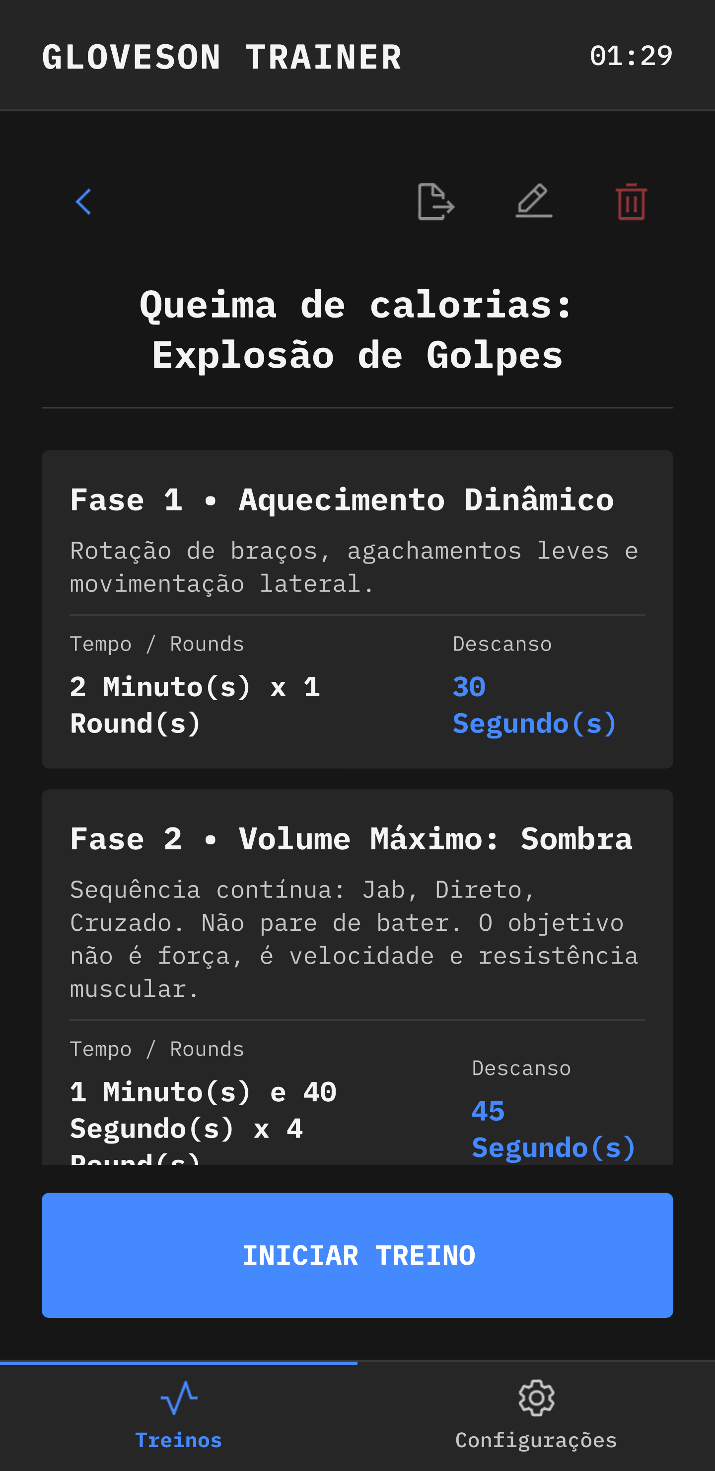 GlovesOn Trainer: detalhes do treino com fases, tempos de round e descrição antes de iniciar